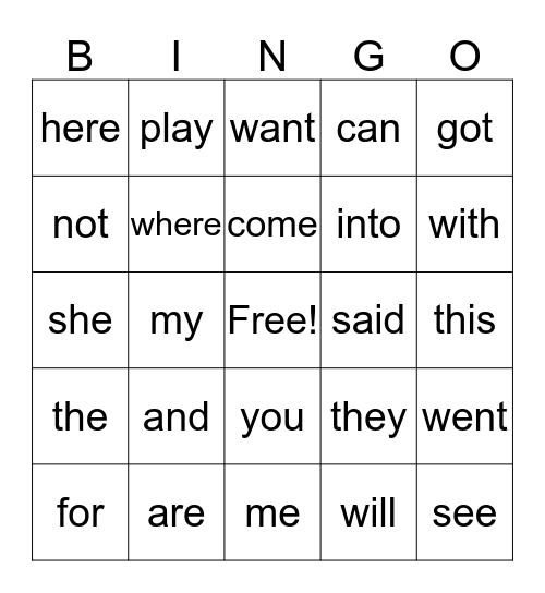 SIGHT WORD Bingo Card