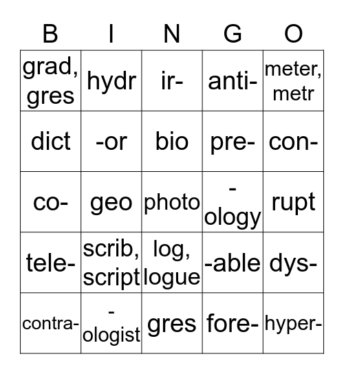 Greek & Latin ROOTS & PREFIXES & SUFFIXES Bingo Card