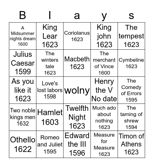 Shakespeare's works Bingo Card