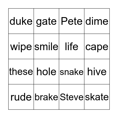 Roll and Cover 'e' Bingo! (1)roll again, (2)a-e, (3)e-e, (4)i-e, (5)o-e, (6)u-e Bingo Card