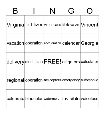 Multisyllabic Bingo Card