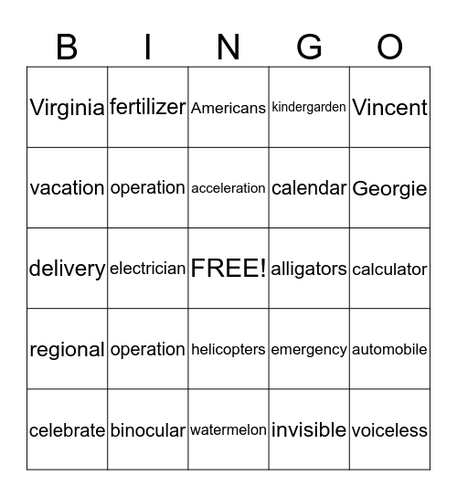 Multisyllabic Bingo Card