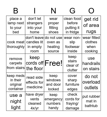 Home Safety Bingo Card