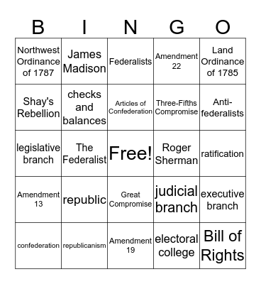US Constitution Bingo Card