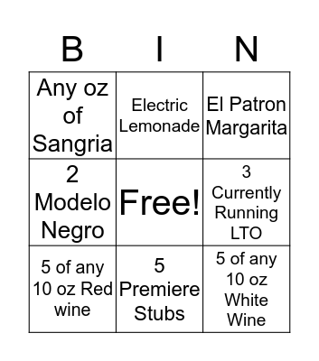 Bar Bingo! Bingo Card