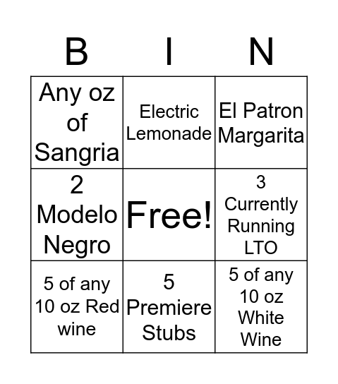 Bar Bingo! Bingo Card
