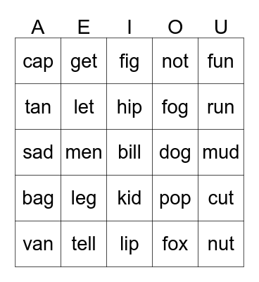 Short Vowel Bingo Card