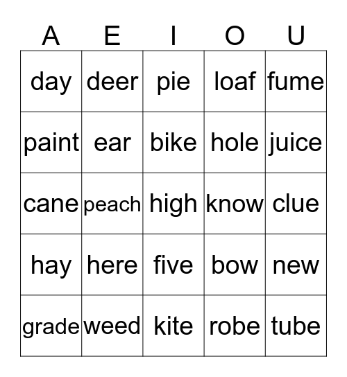 Long Vowel Bingo Card