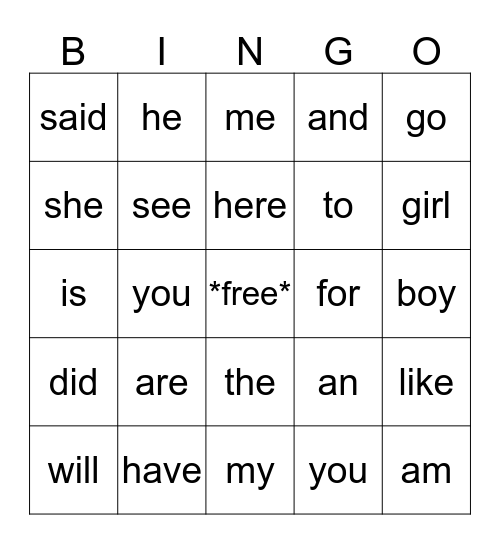 sight words Bingo Card