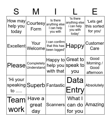 Customer Service Bingo Card