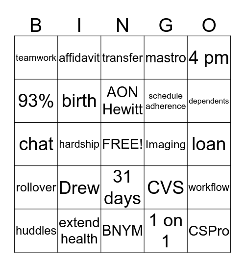 MCTD Bingo Card