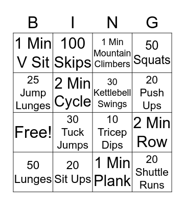 Fitness Bingo Card