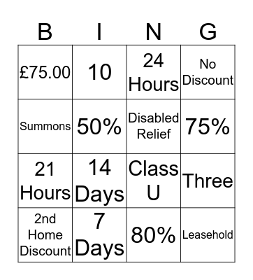Council Tax Bingo Card