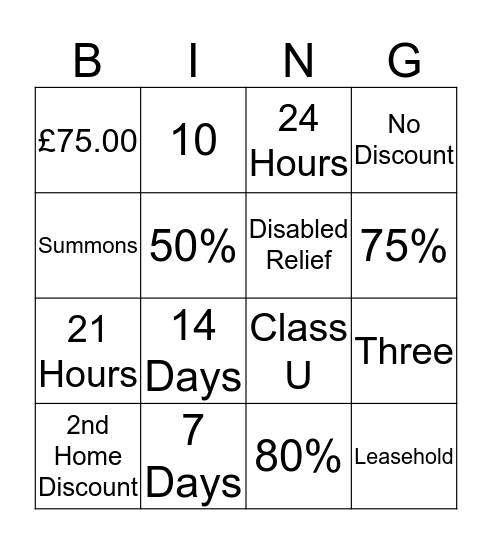 Council Tax Bingo Card