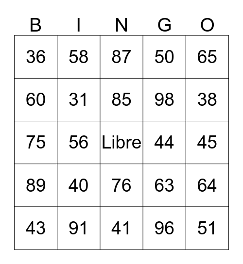 Numeros 1 - 100 Bingo Card