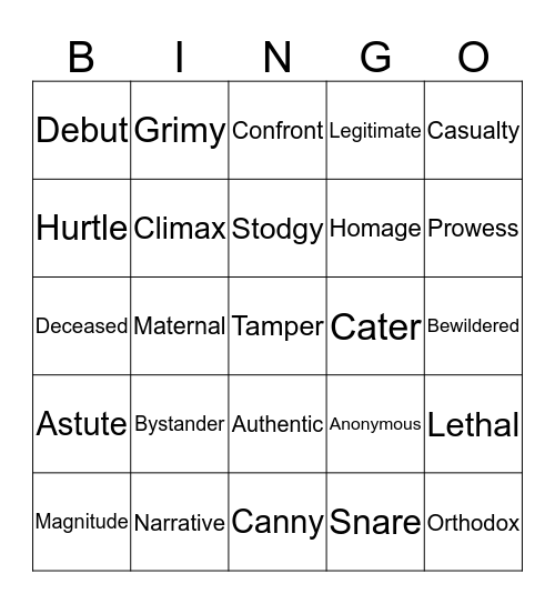 Week 6 Vocabulary  Bingo Card