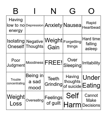 Symptoms of Depression Bingo Card