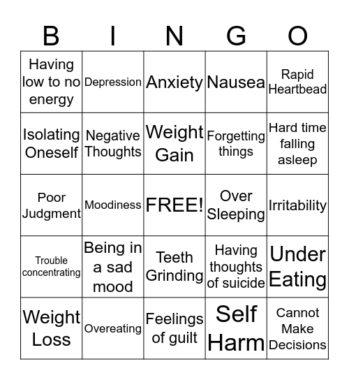 Symptoms of Depression Bingo Card