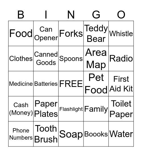 Emergency Kit Bingo Card