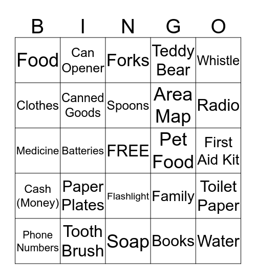 Emergency Kit Bingo Card