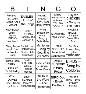 EYEGUYS "BIRD" BINGO Card