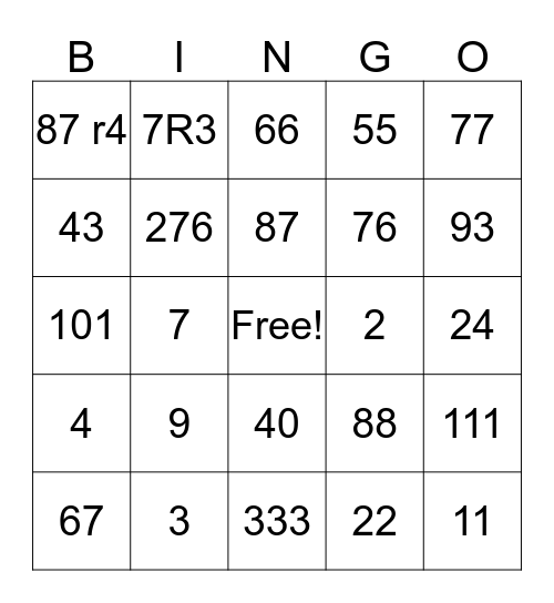 Math-Division Bingo Card