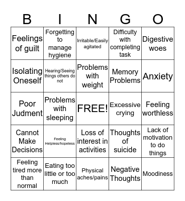 Symptoms of Depression Bingo Card