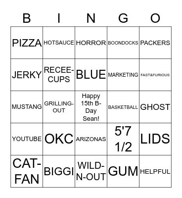 All About Sean  Bingo Card