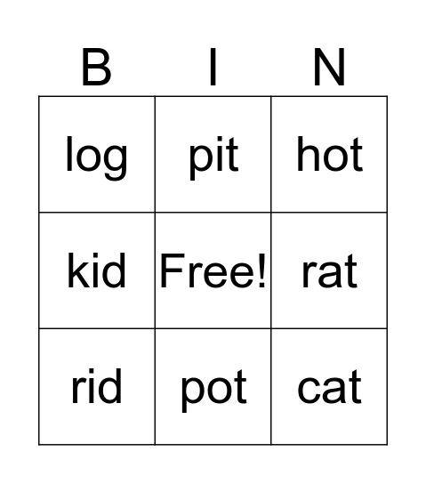 Short Vowel BINGO Card