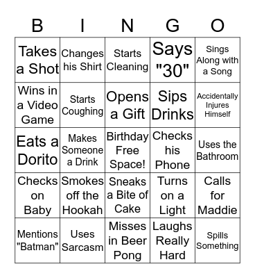 Charlie's 30th Birthday Bingo Card