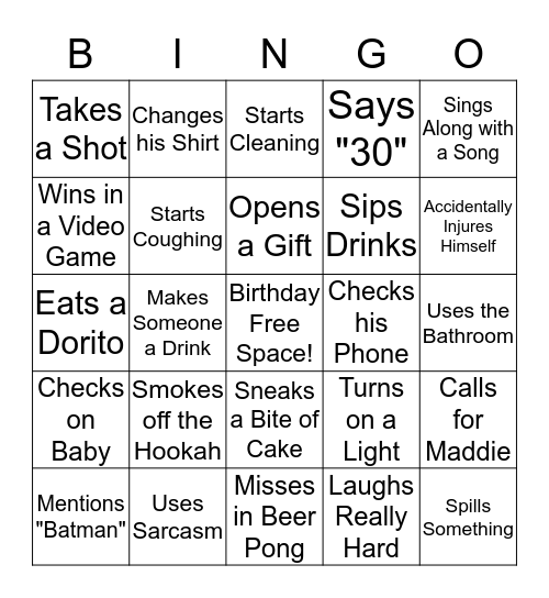 Charlie's 30th Birthday Bingo Card