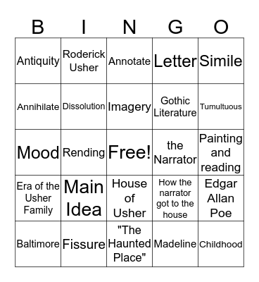 "The Fall of the House of Usher"  Bingo Card