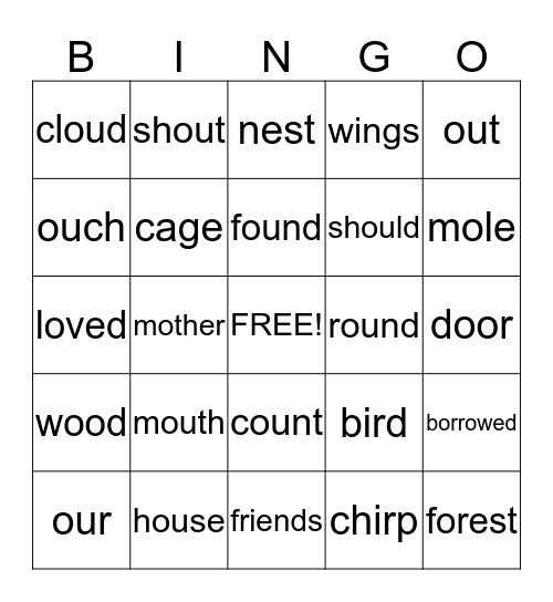 Mole and Baby Bird Bingo Card