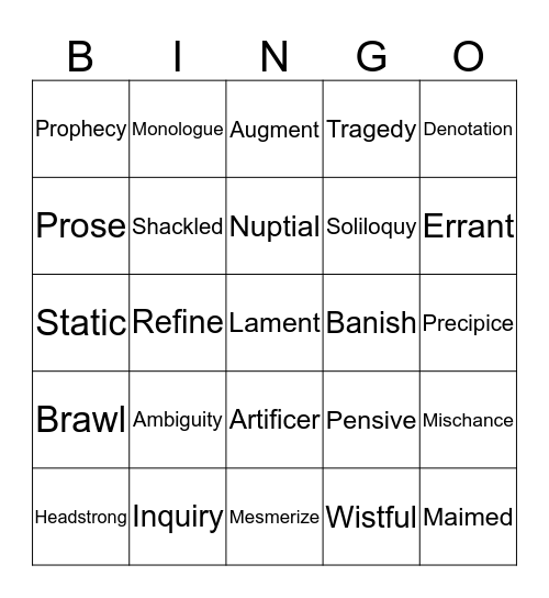 Vocabulary Bingo Card