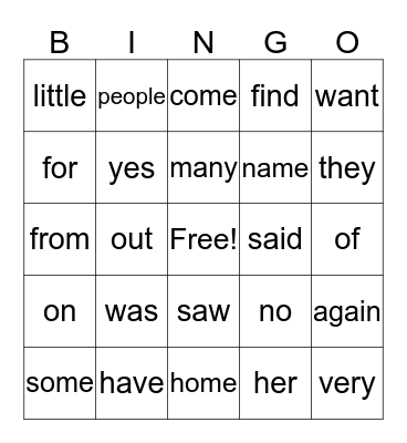 Sight Word Bingo Card