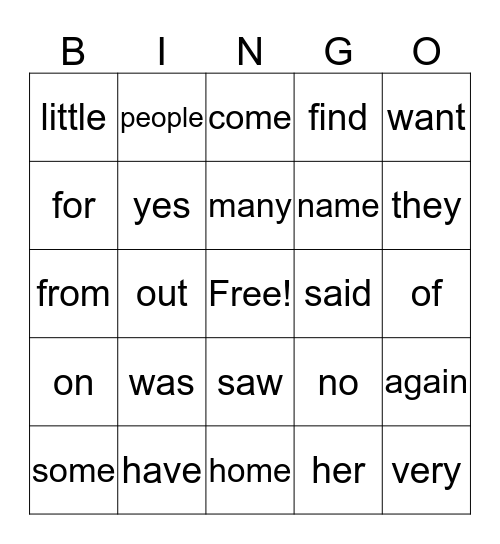 Sight Word Bingo Card