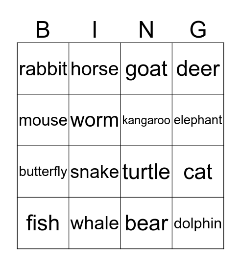 Animals Bingo Card