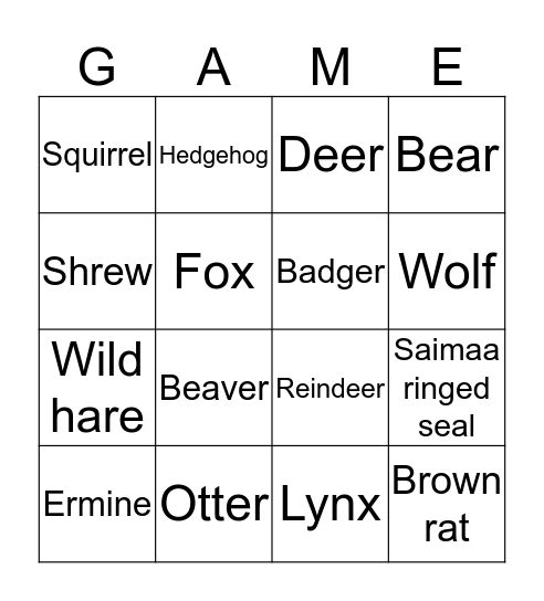 Finnish Mammals Bingo Card