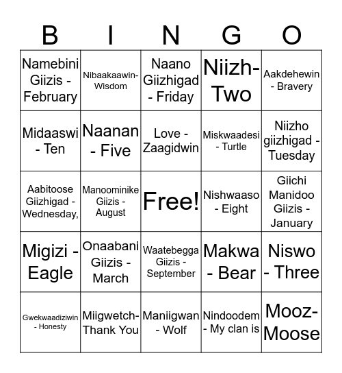 Ojibway BINGO Card