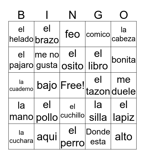 Spanish Bingo Card