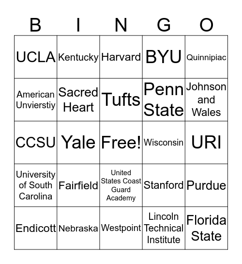 College Bingo Card