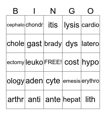 Medical Terminology  Bingo Card