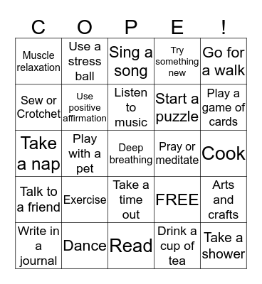 Coping Skills Bingo Card