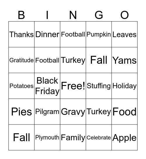 Turkey Bingo Card