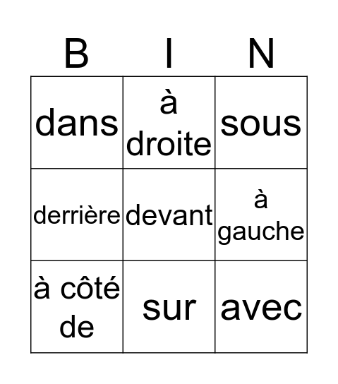 Les prépositions  Bingo Card