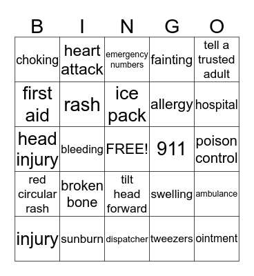 First Aid Bingo Card