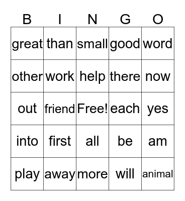 Sight Word BINGO Card
