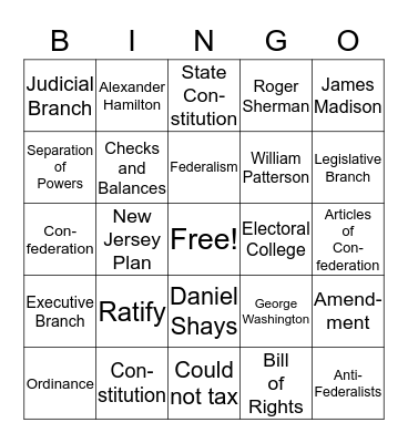 U.S. Constitution Bingo Card