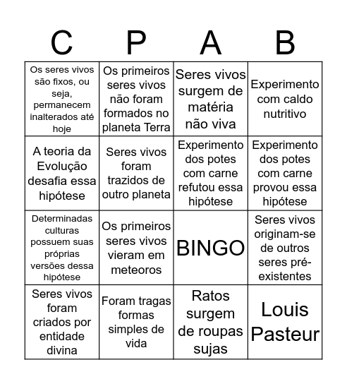 BINGO - ORIGEM DA VIDA Bingo Card