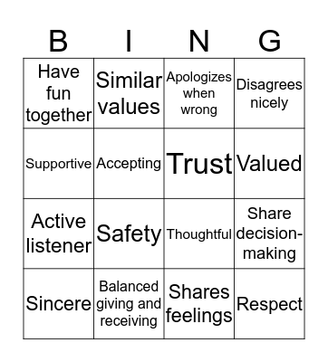 Healthy Relationship Bingo Card